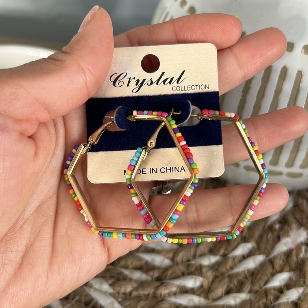 New! Crystal collection rainbow beaded square & hexagon hoops